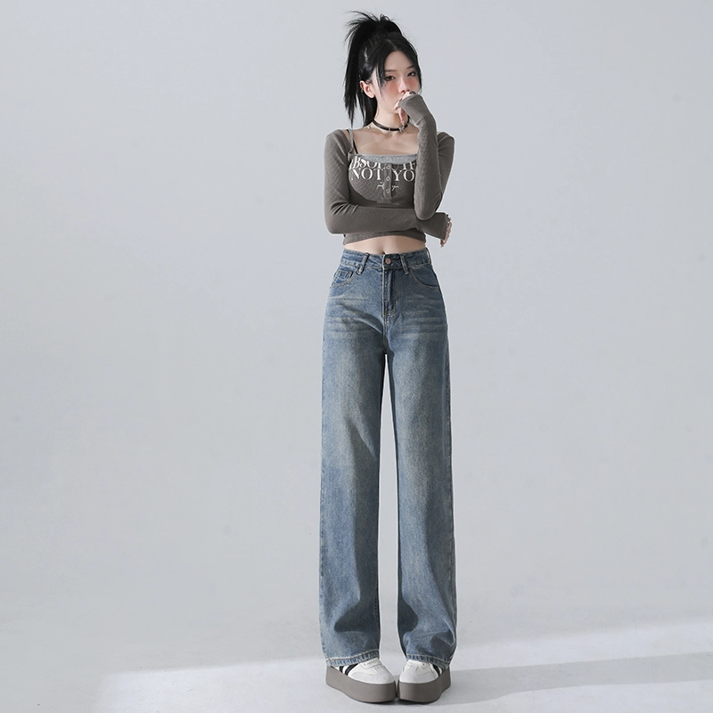 玫丝朵 美式复古做旧高腰宽松直筒阔腿牛仔裤 女款
