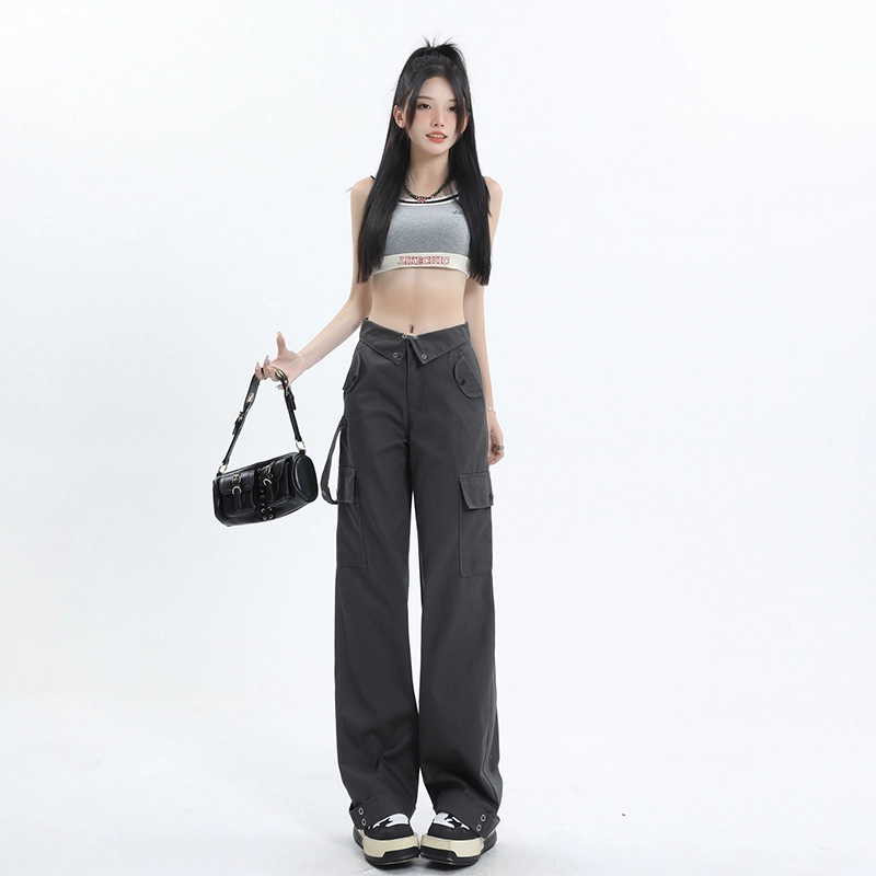 玫丝朵 美式街头高腰翻边腰头设计宽松直筒工装休闲裤 女款 灰色
