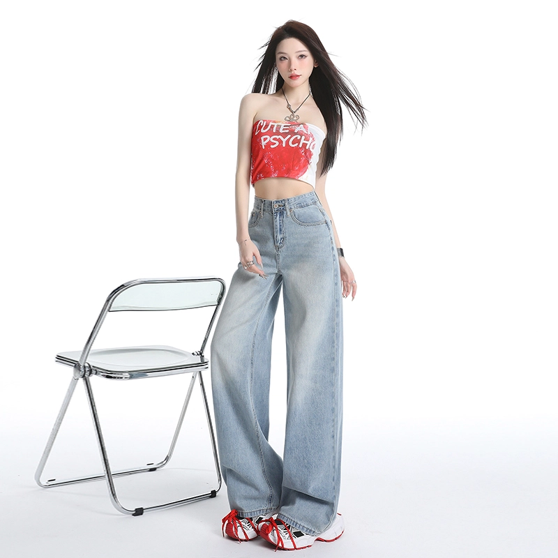玫丝朵 美式复古直筒高腰宽松牛仔裤 女款