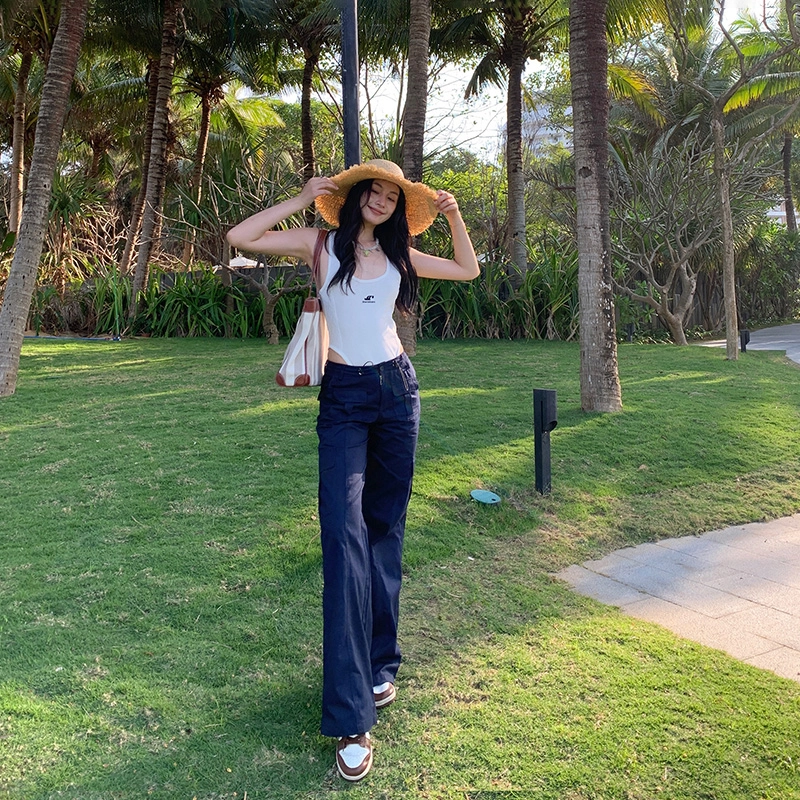 玫丝朵 美式复古腰部可调节多口袋设计时尚百搭宽松直筒工装休闲裤 女款