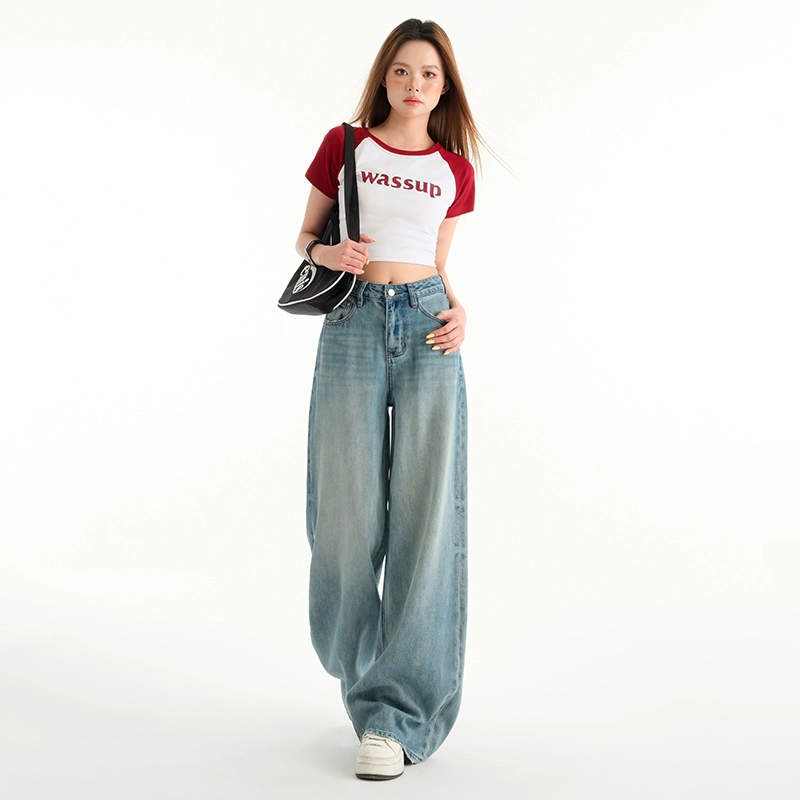 玫丝朵 四季常规高腰百搭时尚宽松显瘦阔腿裤牛仔裤 女款 蓝色