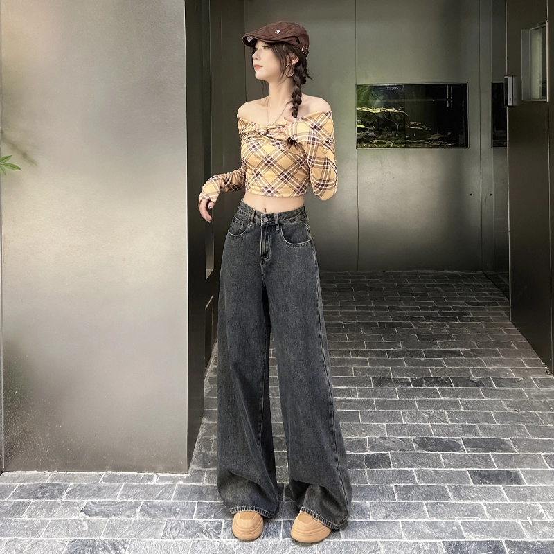 玫丝朵 春季美式复古宽松百搭高腰阔腿拖地女牛仔裤 女款 怀旧蓝灰