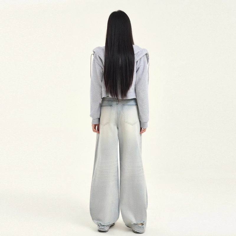 玫丝朵 街头做旧水洗磨破抓痕磨白直筒牛仔裤 女款 浅蓝色