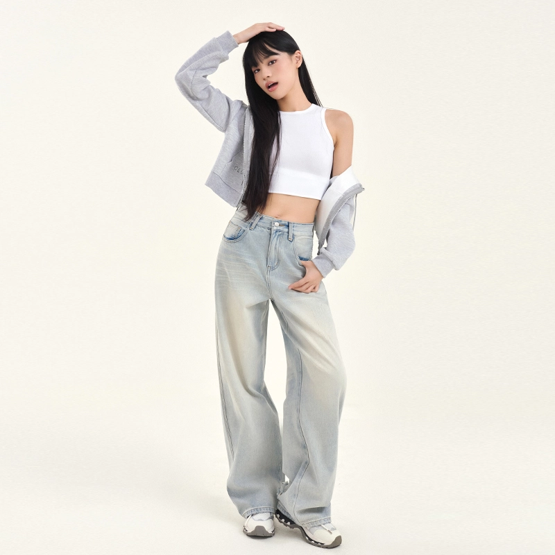 玫丝朵 街头做旧水洗磨破抓痕磨白直筒牛仔裤 女款 浅蓝色