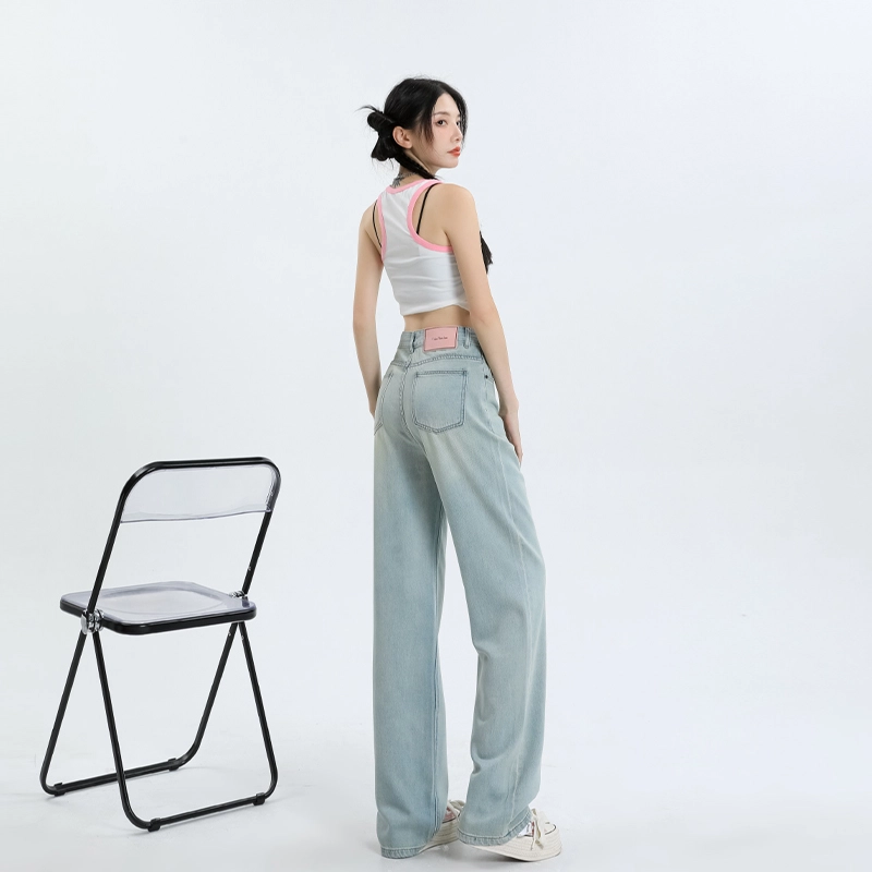 玫丝朵 做旧高腰拉链垂感宽松透气阔腿牛仔裤 女款 怀旧蓝