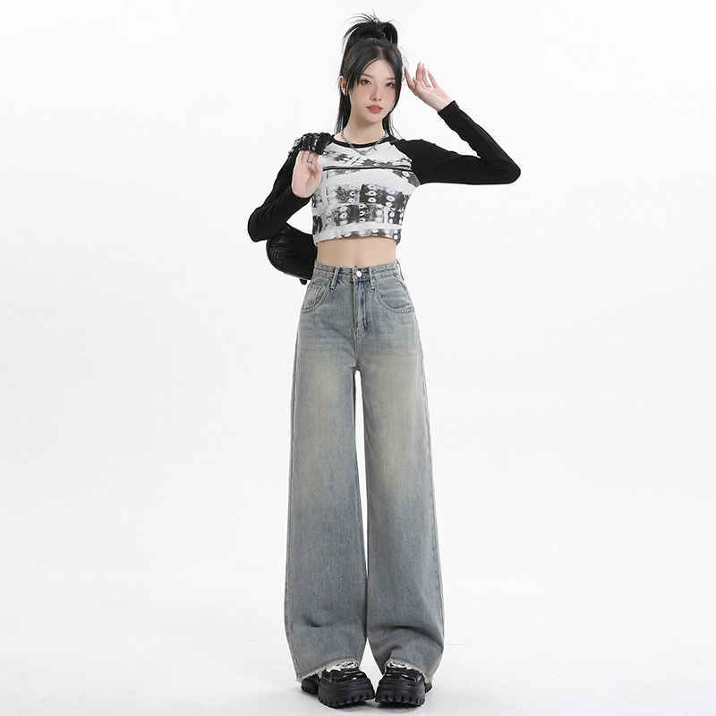 玫丝朵 复古高腰拉链宽松直筒牛仔裤 女款 怀旧蓝