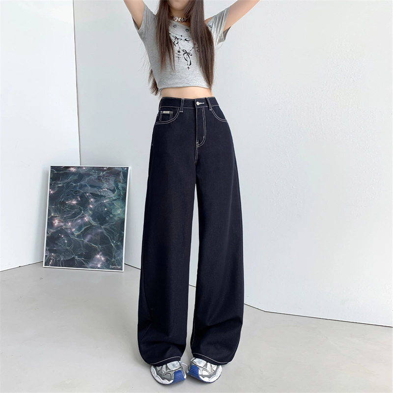 玫丝朵 阔腿高腰垂感薄款宽松百搭牛仔裤  女款