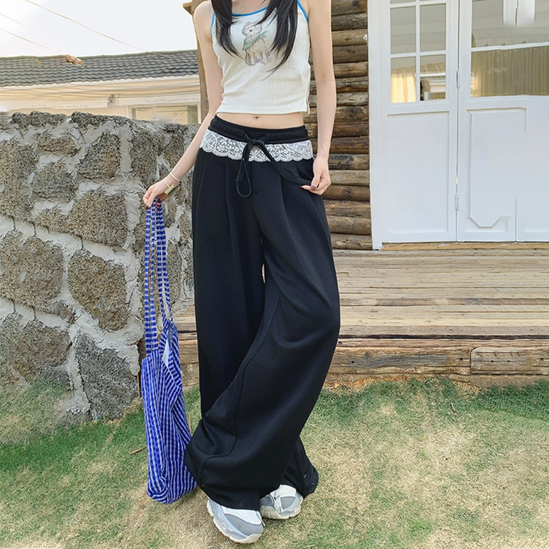 玫丝朵 复古气质蕾丝花边拼接撞色设计高级垂感抽绳慵懒风休闲裤 女款
