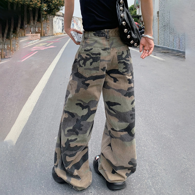 玫丝朵 美式复古高腰迷彩设计时尚百搭宽松直筒阔腿牛仔裤 女款