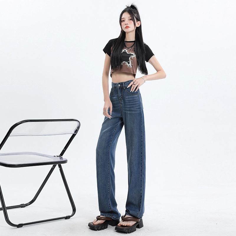 玫丝朵 薄款高腰宽松百搭阔腿垂感牛仔裤 女款