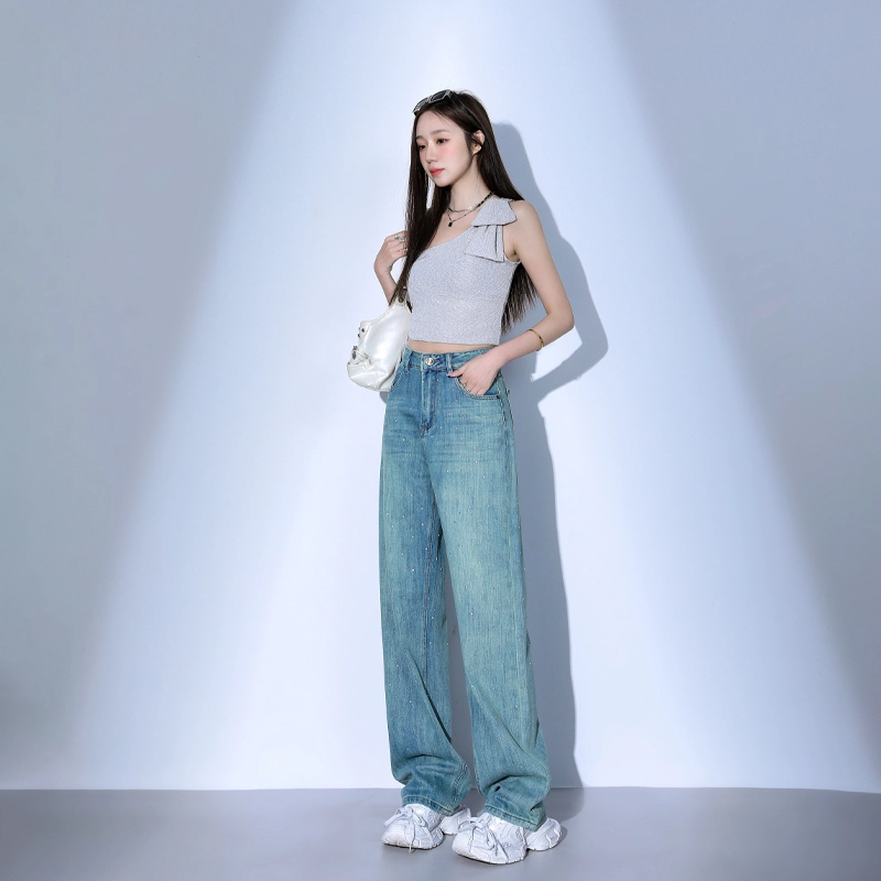 玫丝朵 美式潮流设计时尚百搭宽松阔腿牛仔裤 女款 烫钻孔雀绿