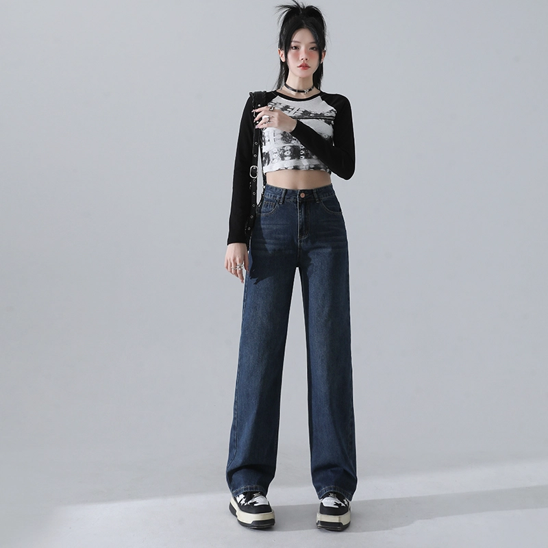 玫丝朵 美式复古做旧高腰宽松直筒阔腿牛仔裤 女款