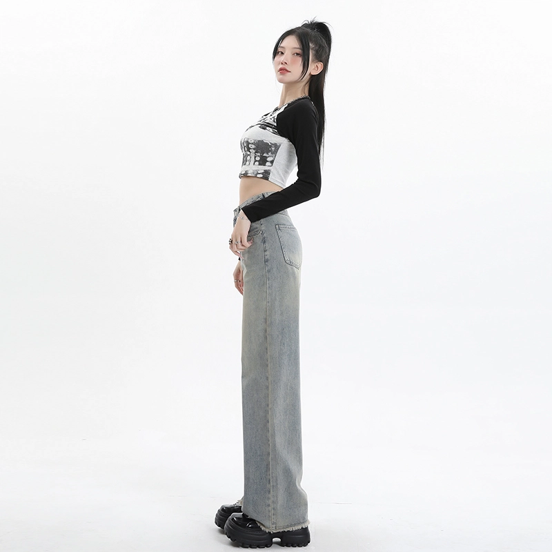 玫丝朵 复古高腰拉链宽松直筒牛仔裤 女款 怀旧蓝