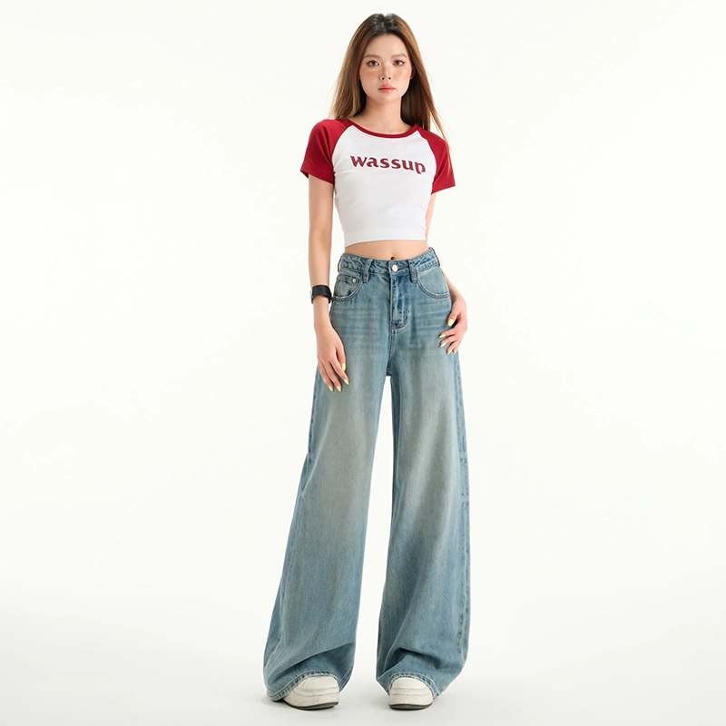 玫丝朵 四季常规高腰百搭时尚宽松显瘦阔腿裤牛仔裤 女款 蓝色