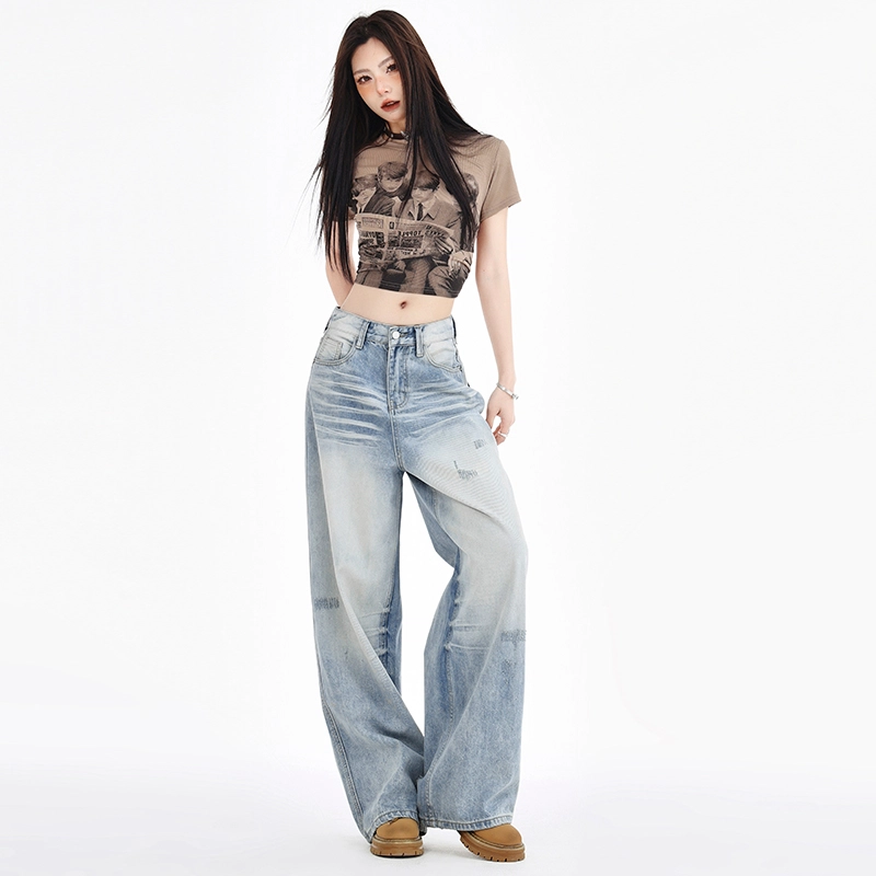 玫丝朵 美式街头做旧水洗磨白直筒阔腿拉链牛仔裤 女款 浅蓝