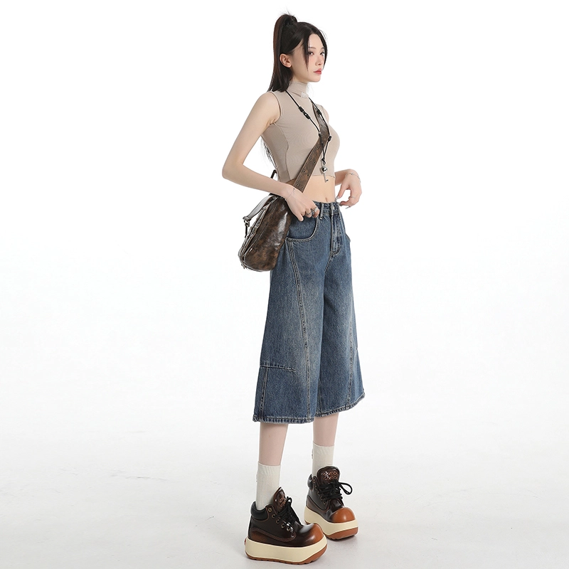 玫丝朵 美式复古高腰阔腿裤宽松百搭七分直筒牛仔短裤 女款