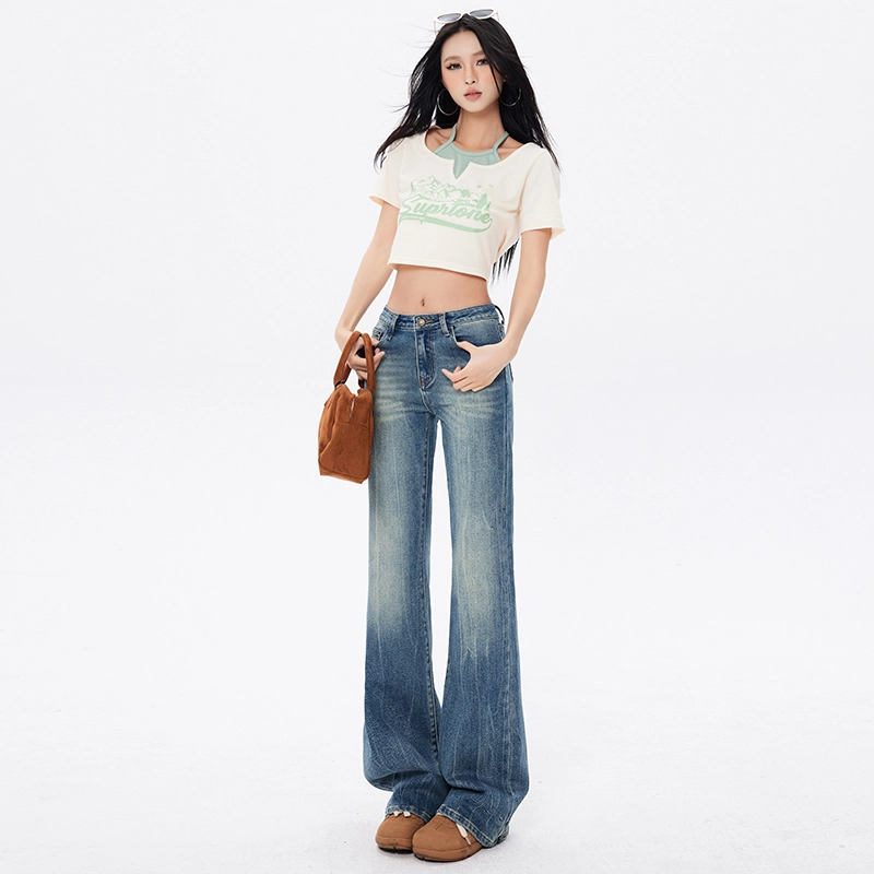 玫丝朵 美式复古弹力裤水洗复古长腿微喇牛仔裤 女款