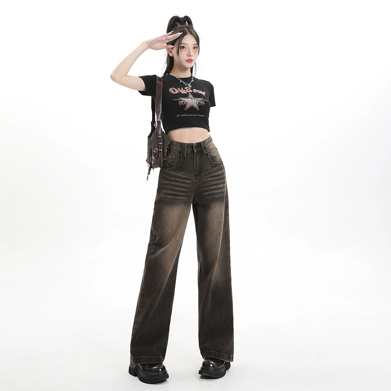 玫丝朵 复古水洗做旧高腰阔腿直筒宽松牛仔裤 女款 碳灰色
