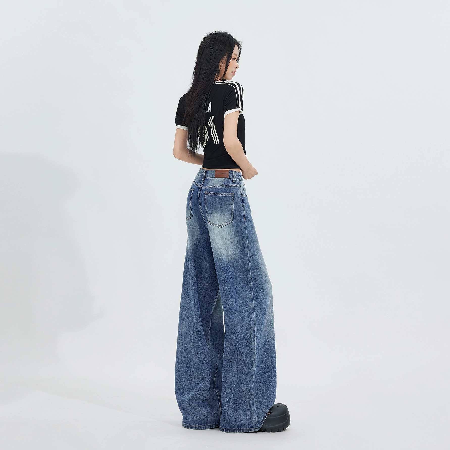 玫丝朵 美式水洗高腰宽松阔腿拖地牛仔裤 女款 复古蓝