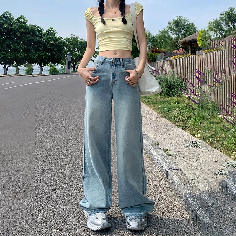 玫丝朵 美式复古做旧设计时尚简约百搭宽松直筒垂感裤子女夏季牛仔裤 女款