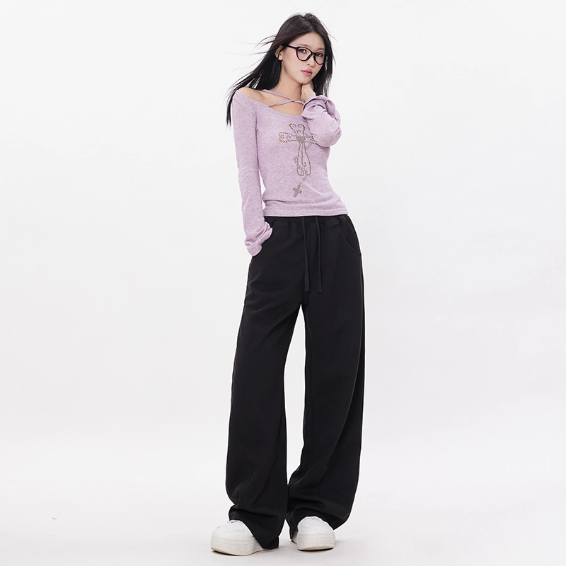 玫丝朵 简约百搭弯刀裤设计高腰宽松阔腿休闲裤 女款 白色