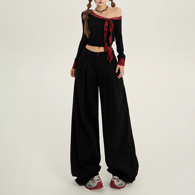 玫丝朵 纯色复古褶皱百搭高腰宽松直筒阔腿拖地牛仔裤 女款 黑色