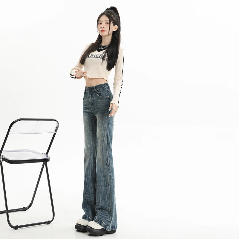 玫丝朵 复古高街做旧猫须设计感微喇拖地牛仔裤 女款