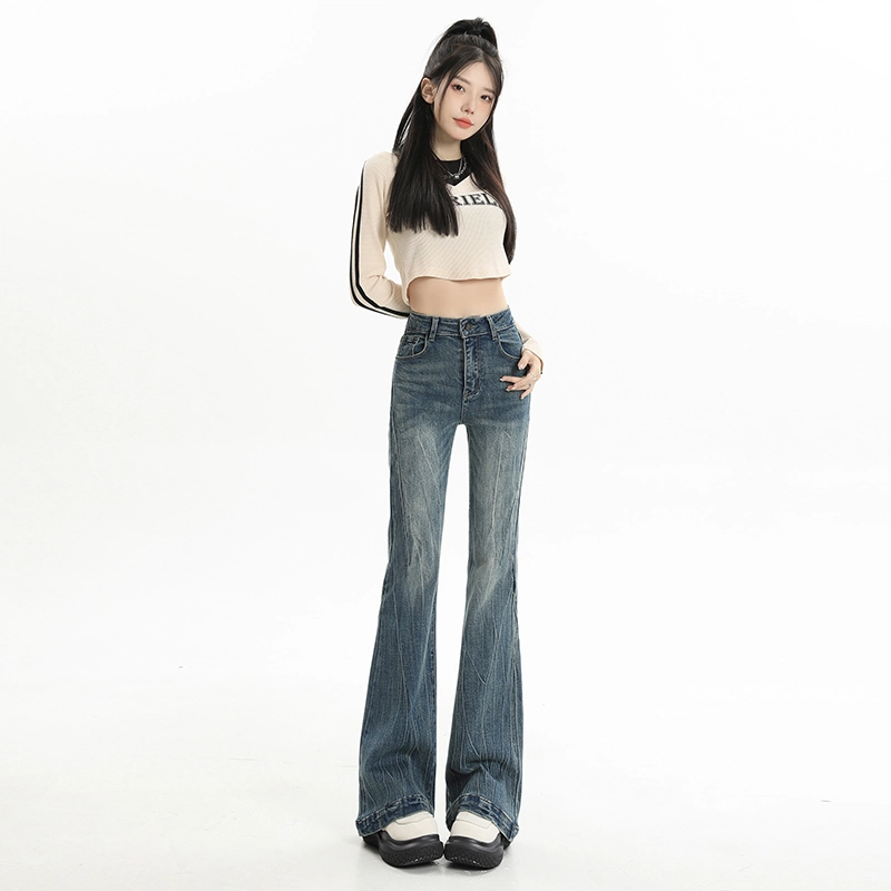 玫丝朵 复古高街做旧猫须设计感微喇拖地牛仔裤 女款