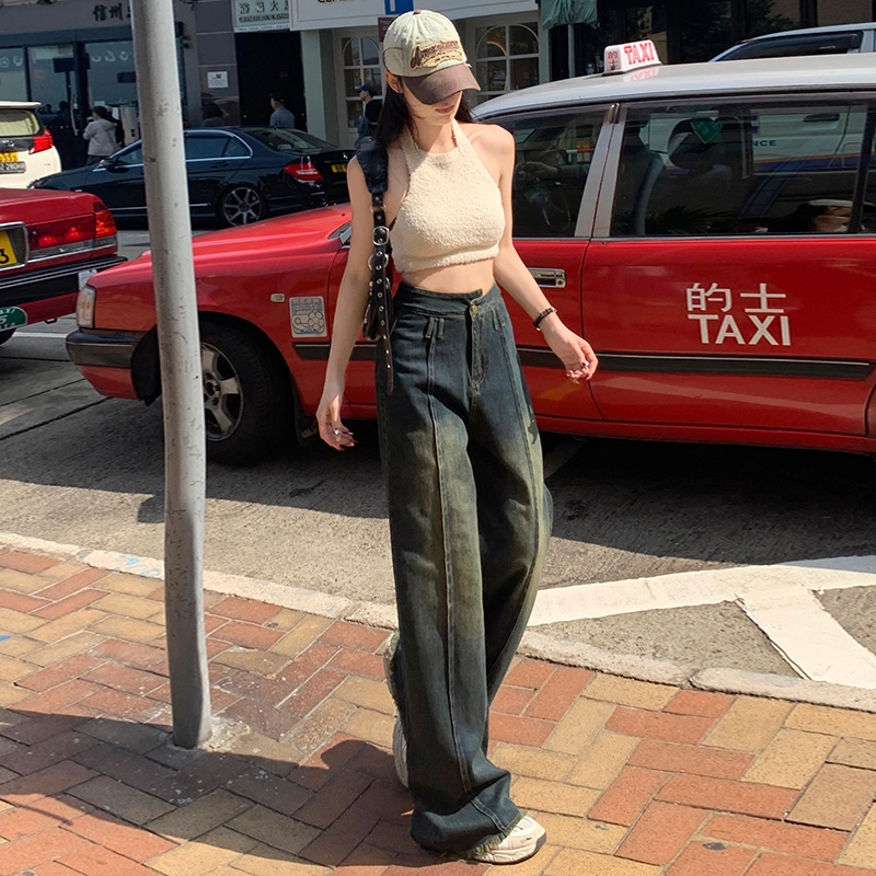 玫丝朵 美式复古设计感垂感阔腿拖地牛仔裤 女款