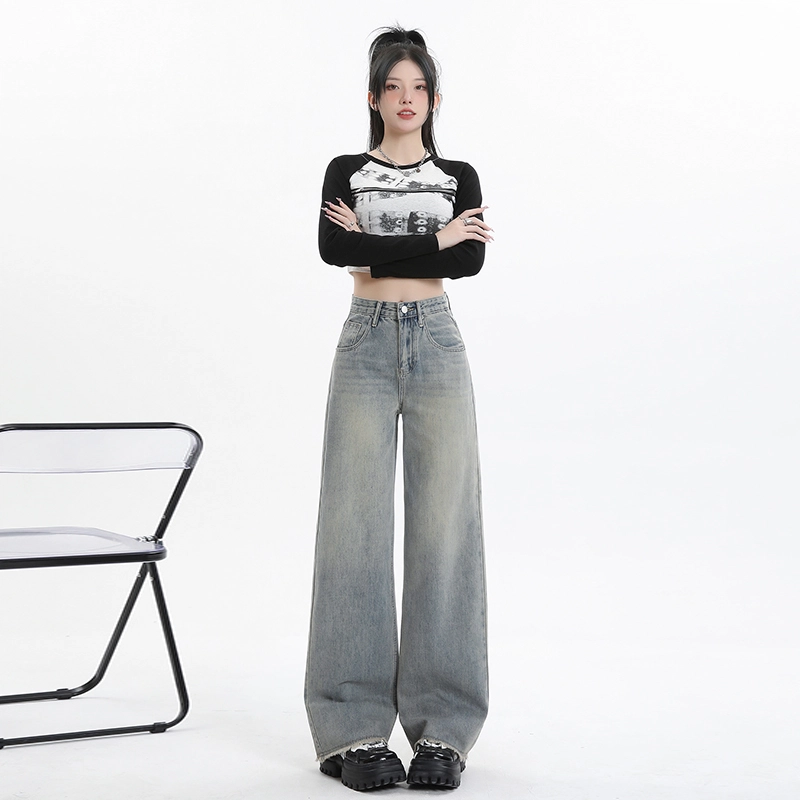 玫丝朵 复古高腰拉链宽松直筒牛仔裤 女款 怀旧蓝
