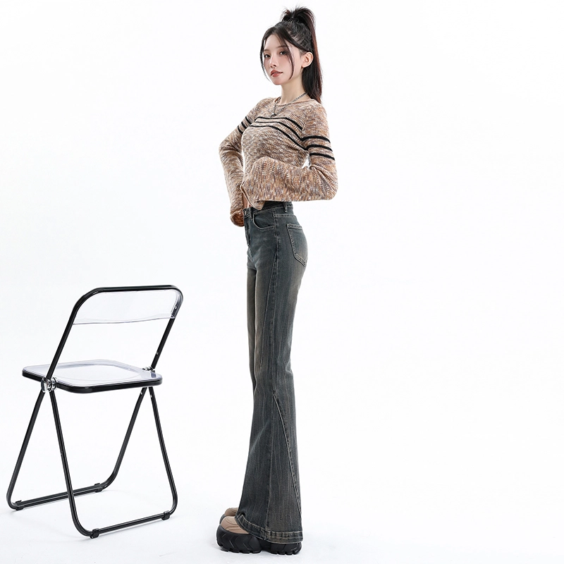 玫丝朵 复古高街做旧猫须设计感微喇拖地牛仔裤 女款