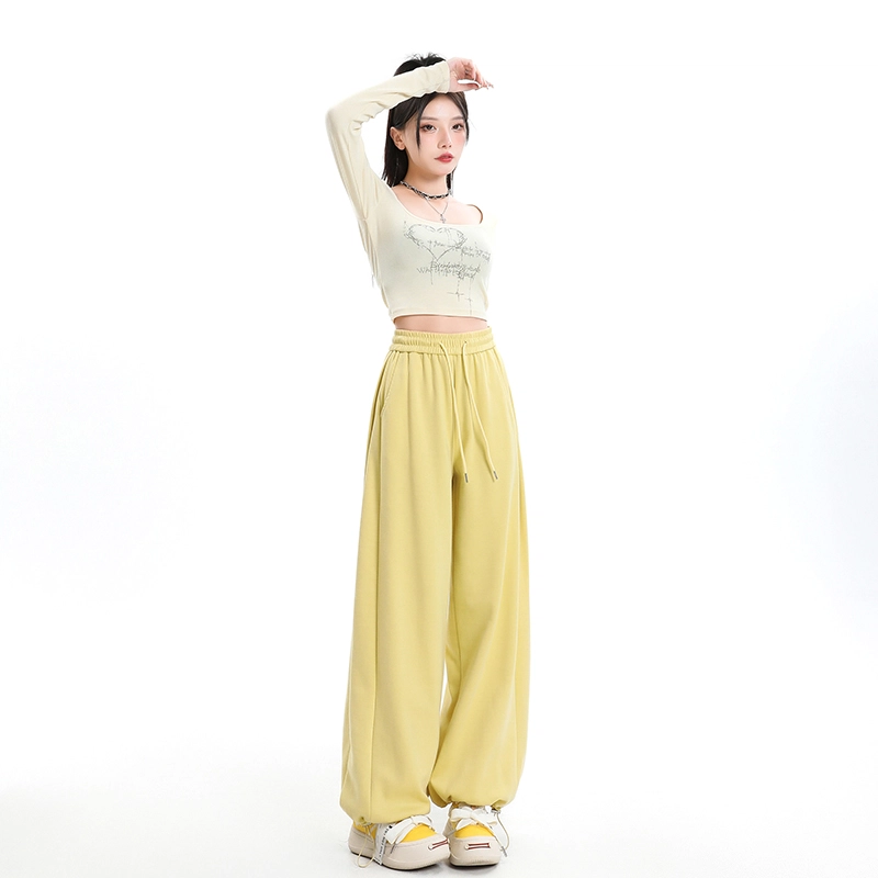 玫丝朵 宽松阔腿裤高腰抽绳束脚休闲裤 女款