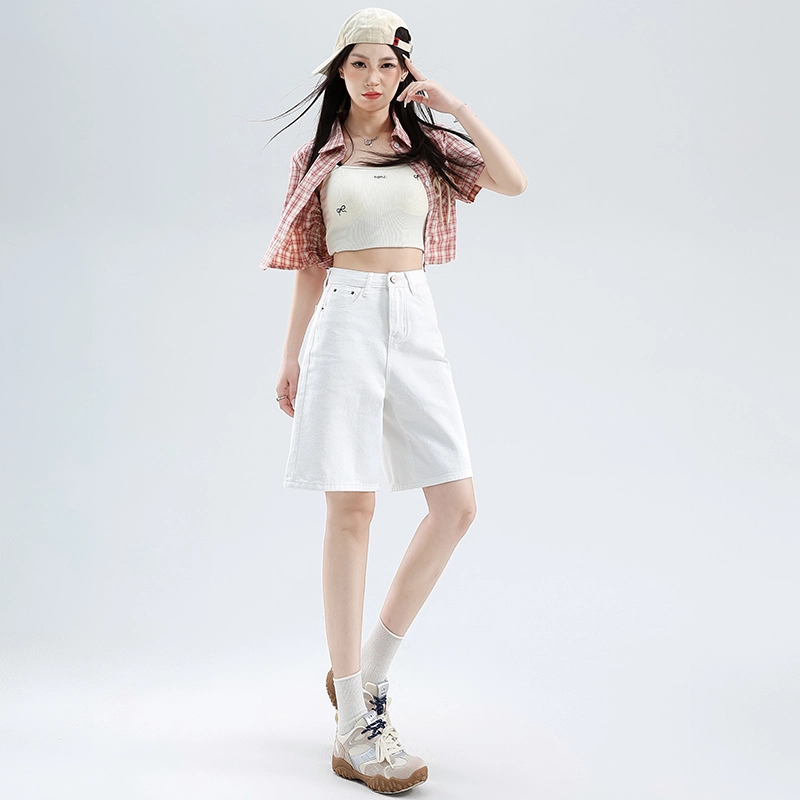 玫丝朵 基础纯色百搭款宽松舒适简约五分牛仔短裤 女款