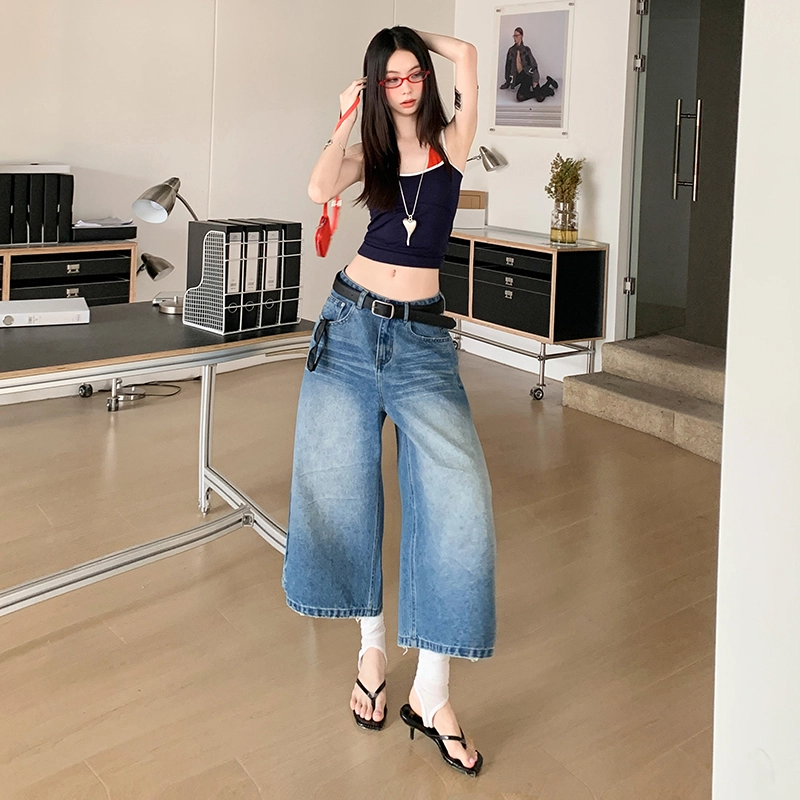 玫丝朵 美式复古做旧设计高腰宽松直筒阔腿七分牛仔短裤 女款