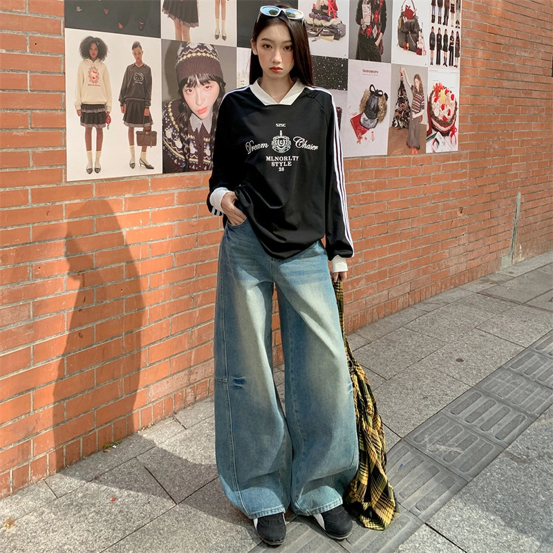 玫丝朵 美式重工拼接扎花宽松弯刀裤慵懒镰刀宽松休闲牛仔裤 女款