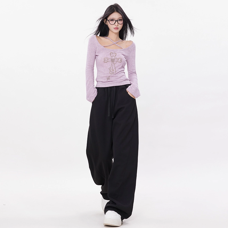 玫丝朵 简约百搭弯刀裤设计高腰宽松阔腿休闲裤 女款 白色