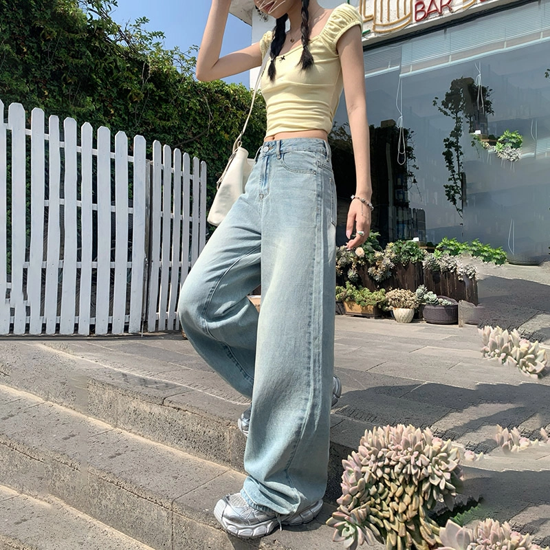 玫丝朵 美式复古做旧设计时尚简约百搭宽松直筒垂感裤子女夏季牛仔裤 女款