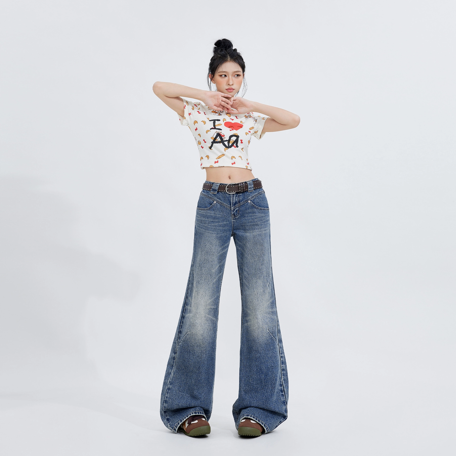 玫丝朵 美式经典时尚设计阔腿减龄百搭宽松牛仔裤 女款 复古蓝