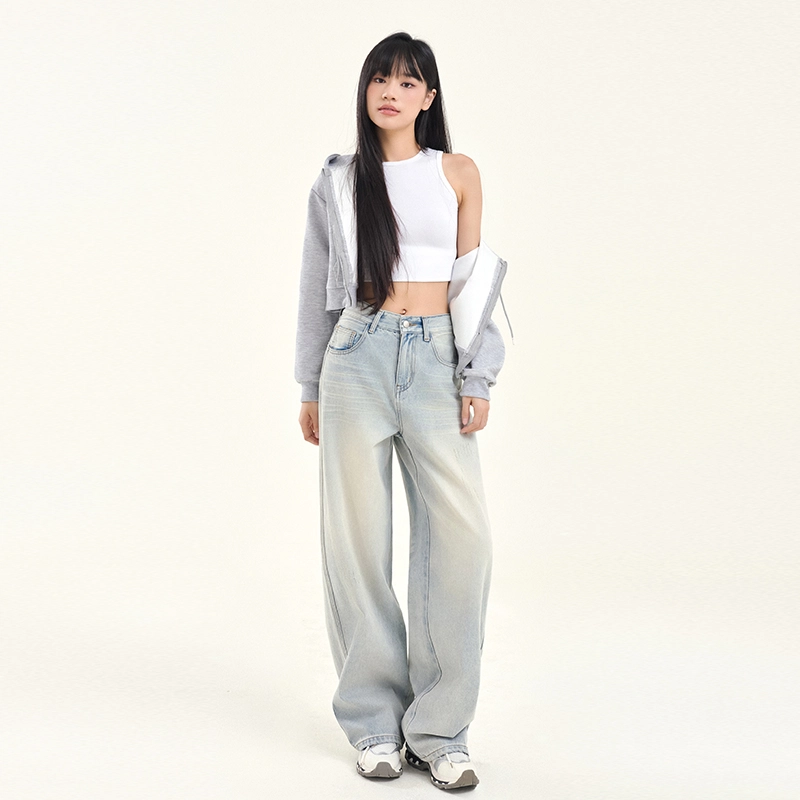 玫丝朵 街头做旧水洗磨破抓痕磨白直筒牛仔裤 女款 浅蓝色
