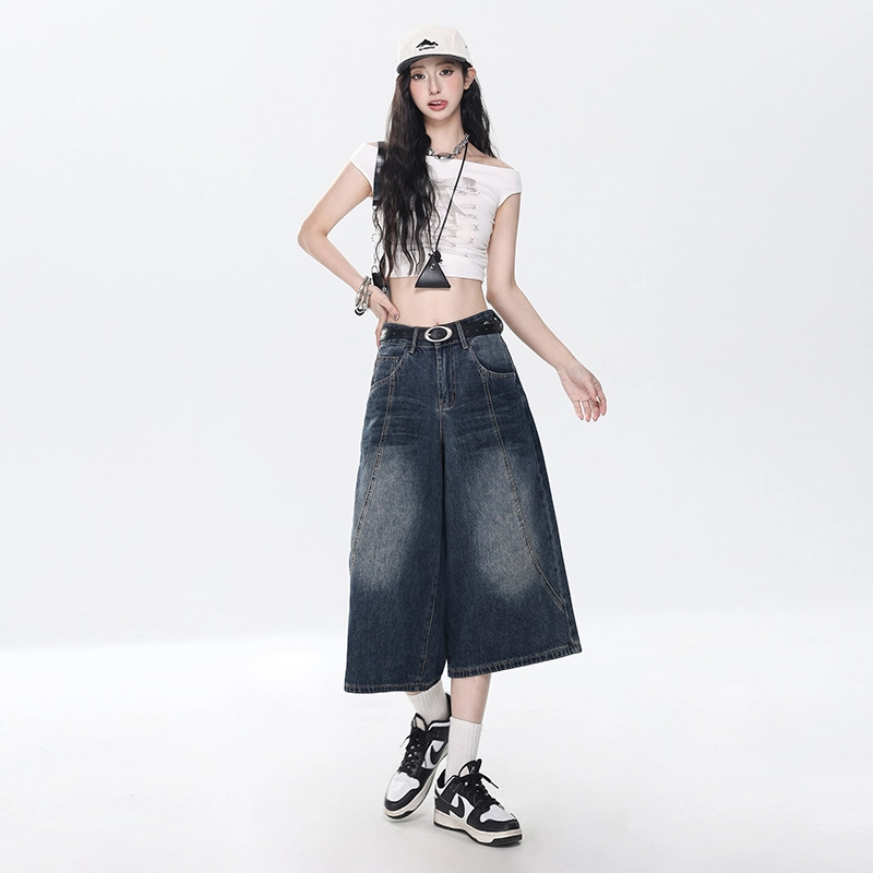 玫丝朵 美式复古高腰宽松七分直筒牛仔短裤  女款