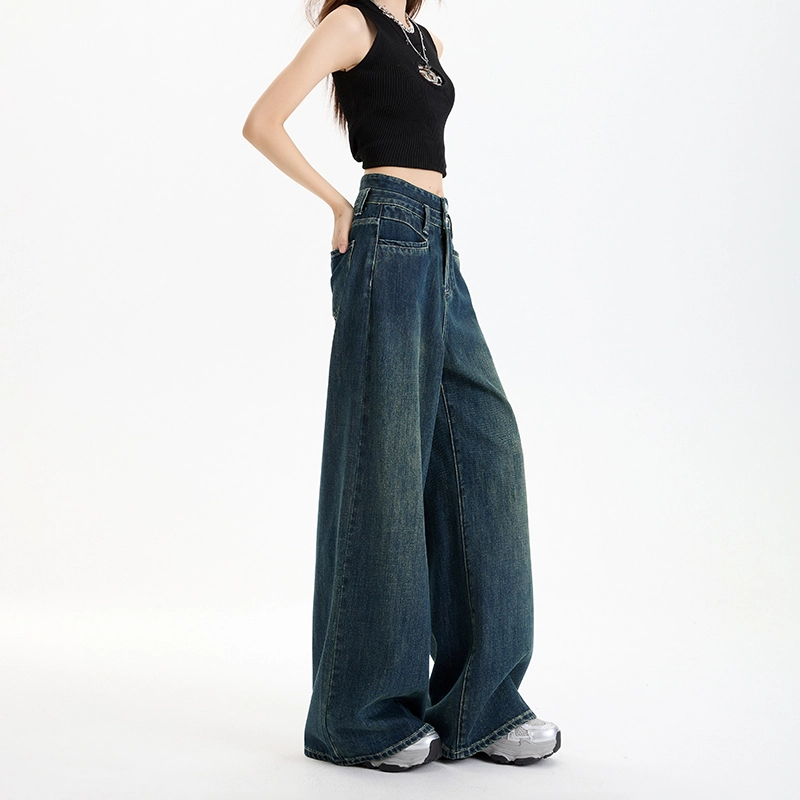 玫丝朵 美式复古超柔宽松高腰提臀百搭阔腿拖地牛仔裤 女款 普鲁士蓝