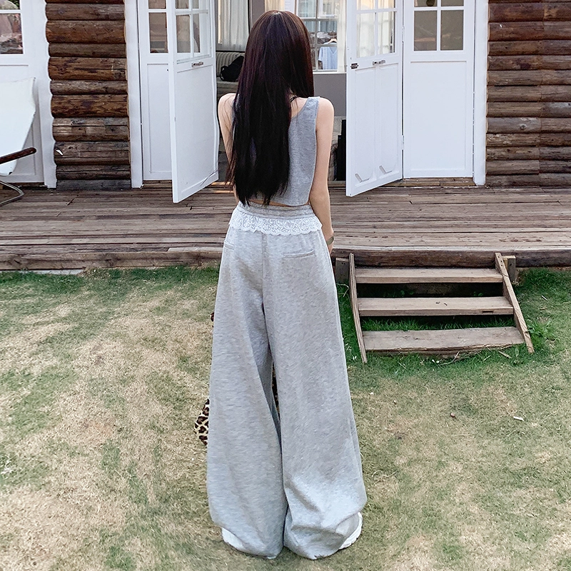玫丝朵 复古气质蕾丝花边拼接撞色设计高级垂感抽绳慵懒风休闲裤 女款