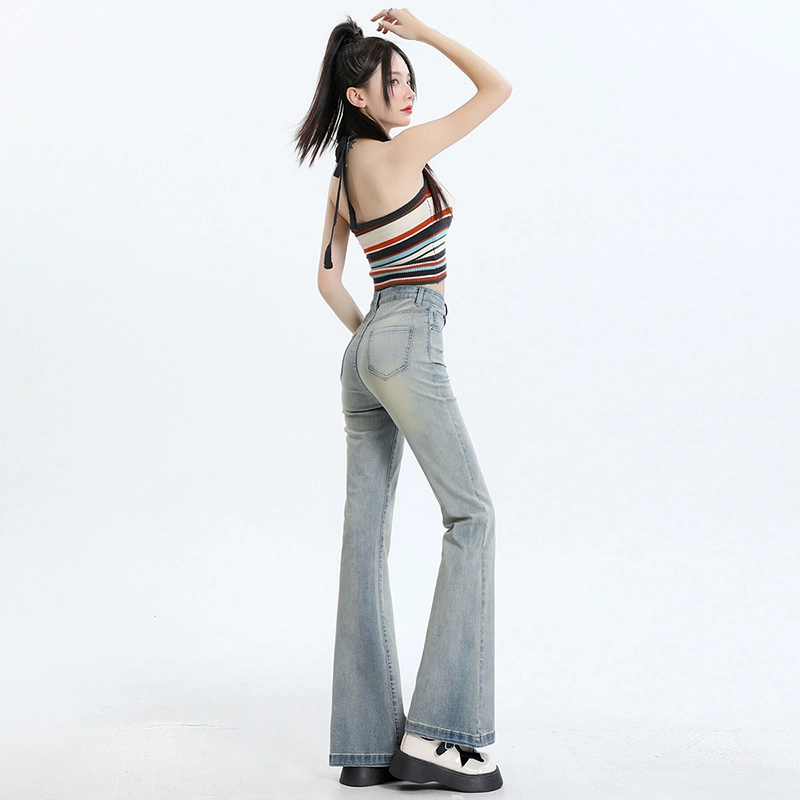 依钗 酷辣美式复古高腰水洗显瘦微喇百搭显腿长牛仔裤 女款