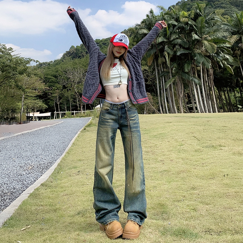 玫丝朵 美式高街直筒复古做旧宽松低腰牛仔裤 女款