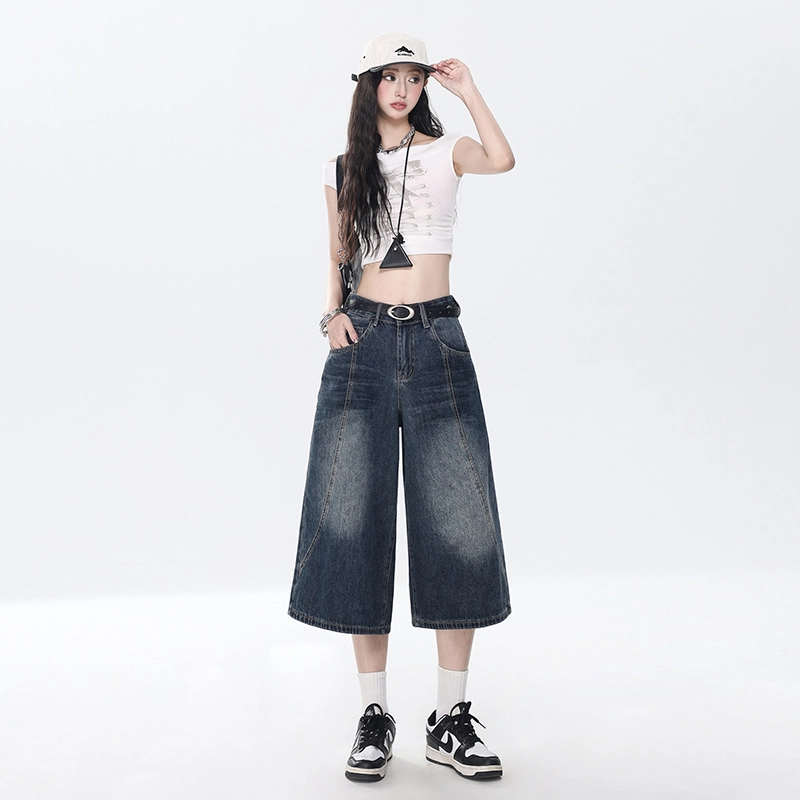 玫丝朵 美式复古高腰宽松七分直筒牛仔短裤  女款