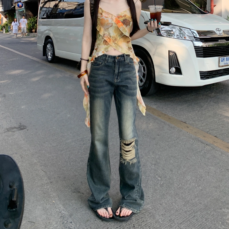 玫丝朵 美式复古酷飒破洞流苏设计时尚百搭喇叭牛仔裤 女款