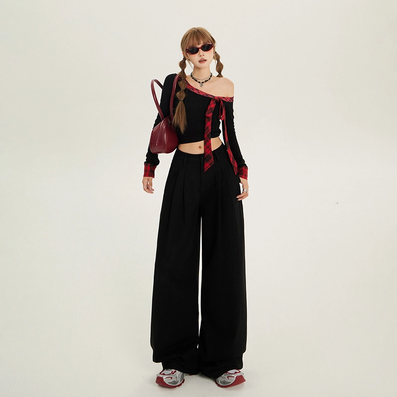 玫丝朵 纯色复古褶皱百搭高腰宽松直筒阔腿拖地牛仔裤 女款 黑色