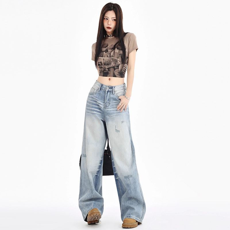玫丝朵 美式街头做旧水洗磨白直筒阔腿拉链牛仔裤 女款 浅蓝