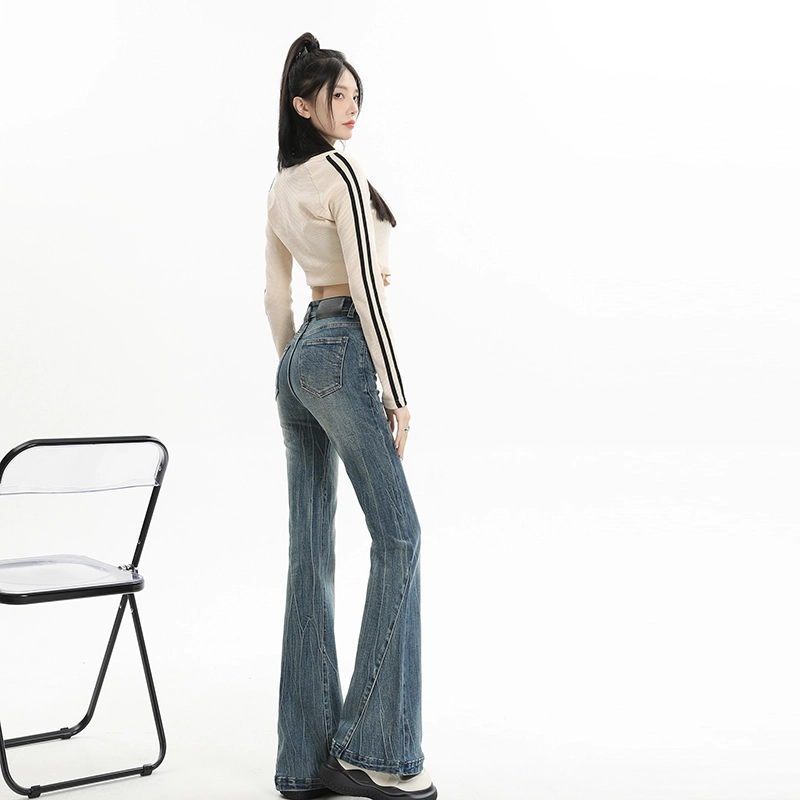 玫丝朵 复古高街做旧猫须设计感微喇拖地牛仔裤 女款