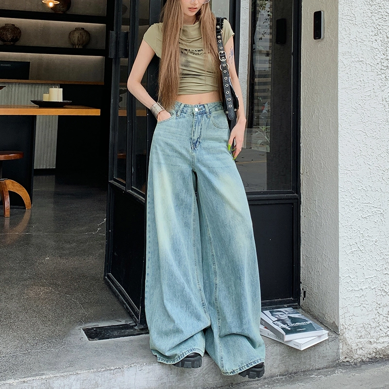 玫丝朵 高腰宽松阔腿设计感休闲百搭拖地牛仔裤 女款 复古甸蓝